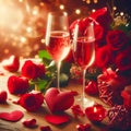 Valentines day background with red roses, gift box and two glasses of champagne Royalty Free Stock Photo